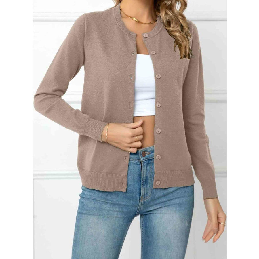 Button Down Round Neck Cardigan Mocha / S