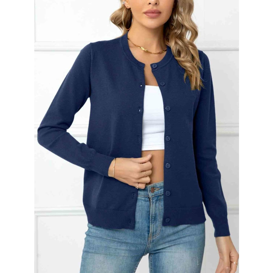 Button Down Round Neck Cardigan Navy / S