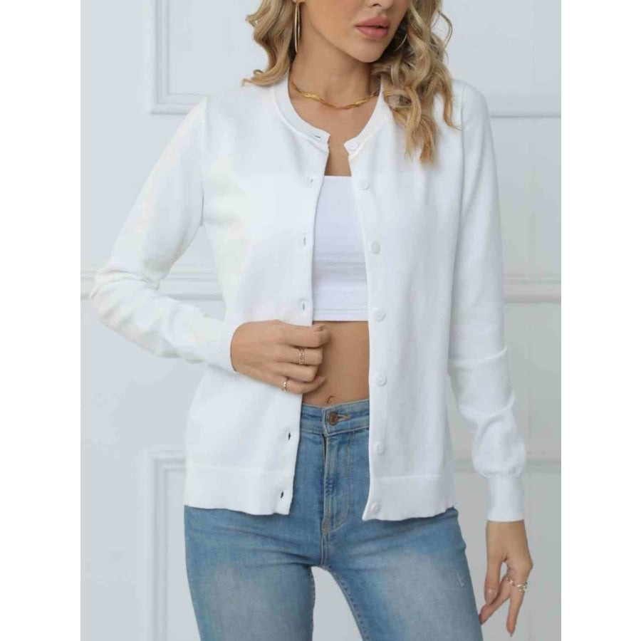 Button Down Round Neck Cardigan White / S