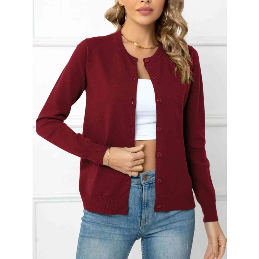 Button Down Round Neck Cardigan Wine / S