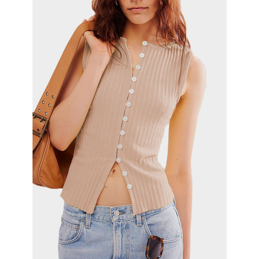 Button Down Round Neck Sweater Vest Dust Storm / One Size Apparel and Accessories