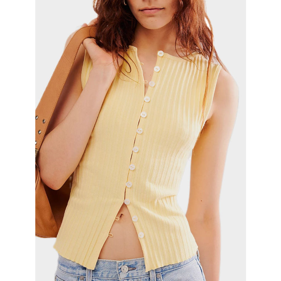 Button Down Round Neck Sweater Vest Pastel Yellow / One Size Apparel and Accessories