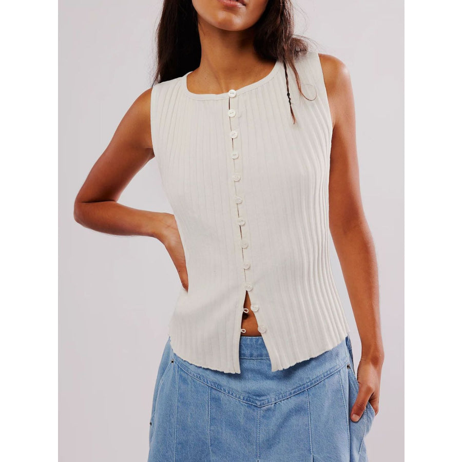 Button Down Round Neck Sweater Vest White / One Size Apparel and Accessories