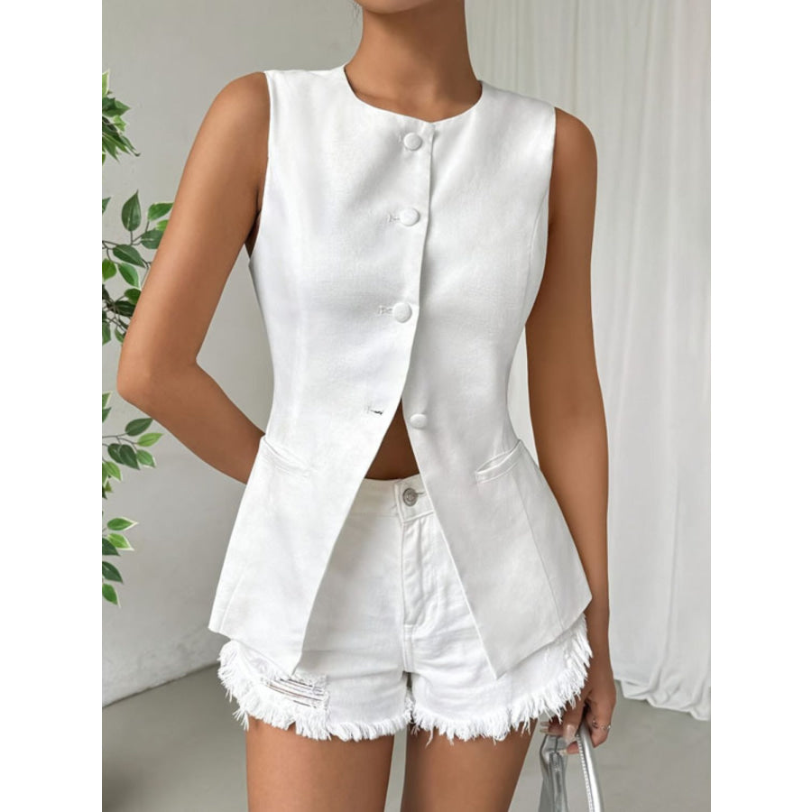 Button Down Round Neck Vest White / S Apparel and Accessories