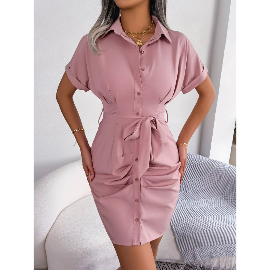 Button Down Ruched Tie Belt Dress Blush Pink / S