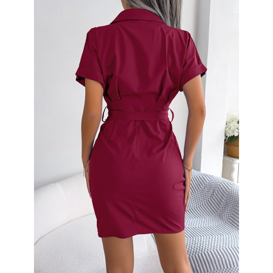 Button Down Ruched Tie Belt Dress Wine / S