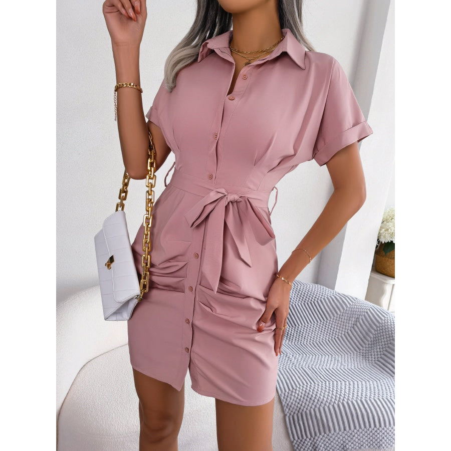 Button Down Ruched Tie Belt Dress