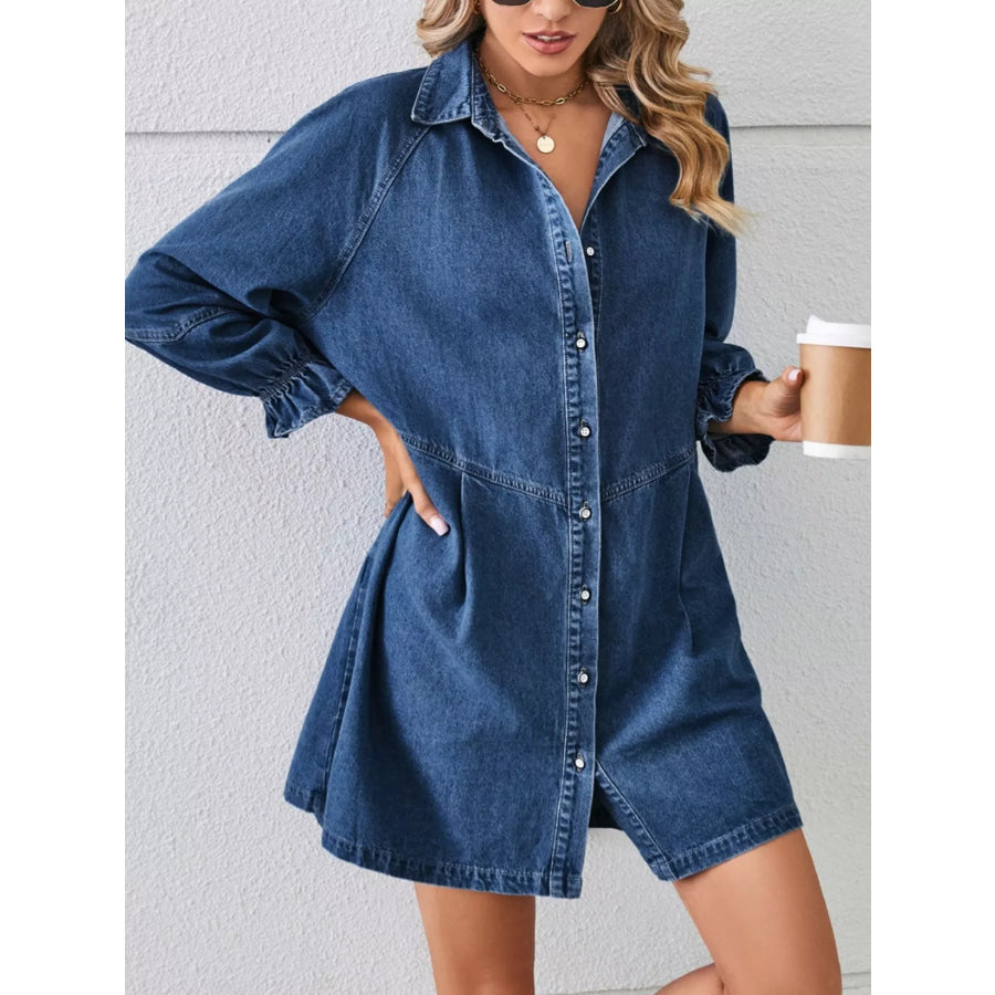 Button Down Ruffle Cuff Denim Dress Apparel and Accessories
