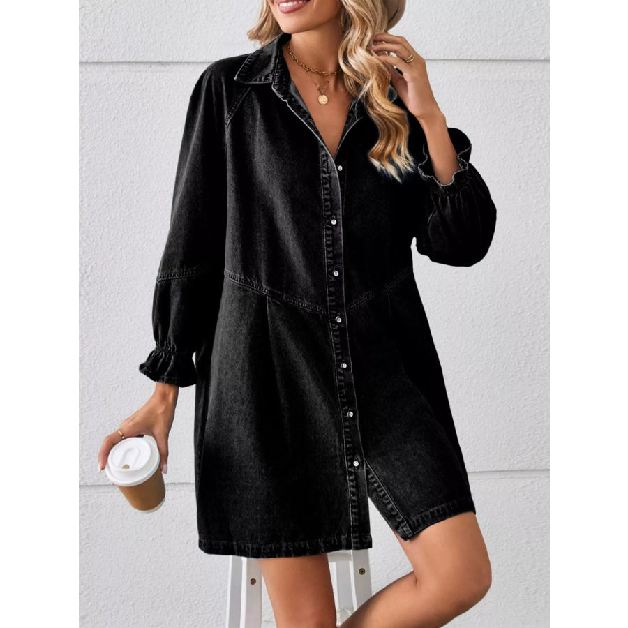 Button Down Ruffle Cuff Denim Dress Apparel and Accessories