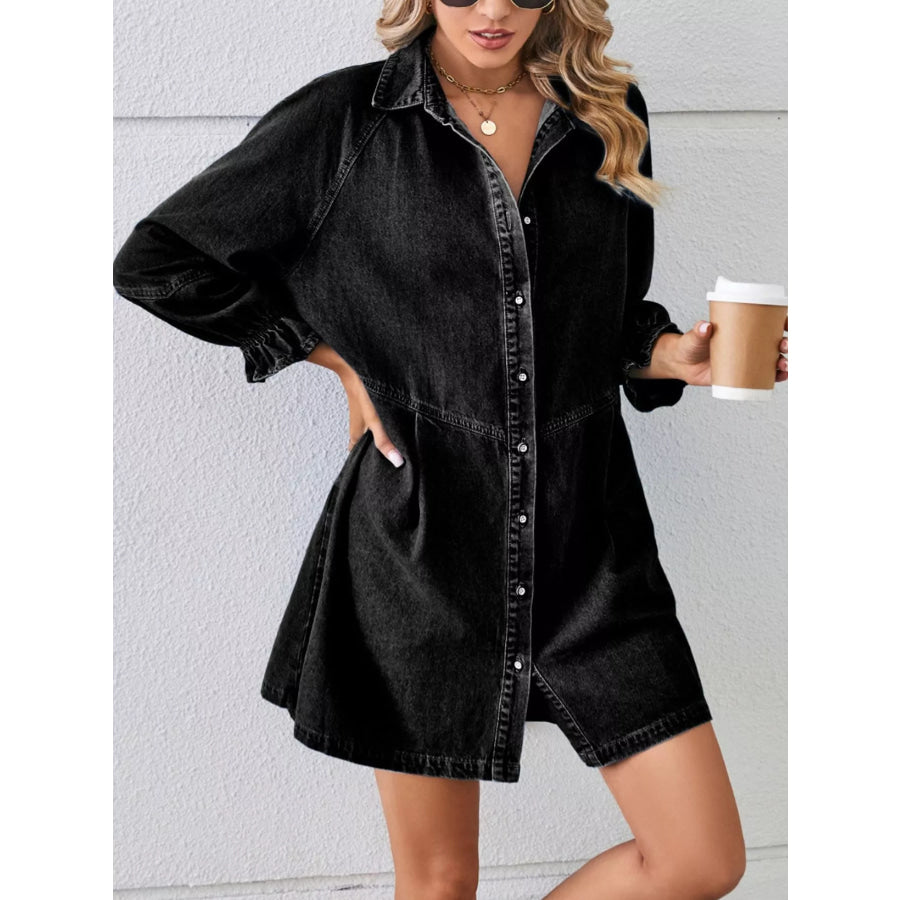 Button Down Ruffle Cuff Denim Dress Apparel and Accessories