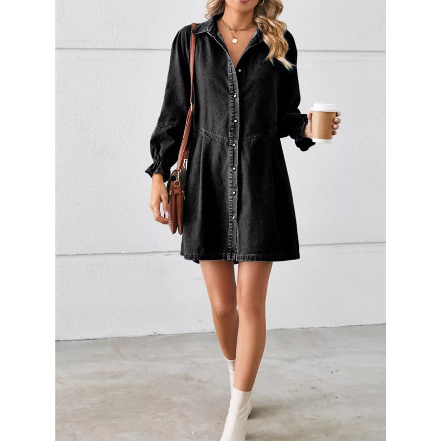 Button Down Ruffle Cuff Denim Dress Apparel and Accessories