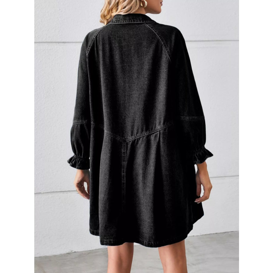 Button Down Ruffle Cuff Denim Dress Apparel and Accessories