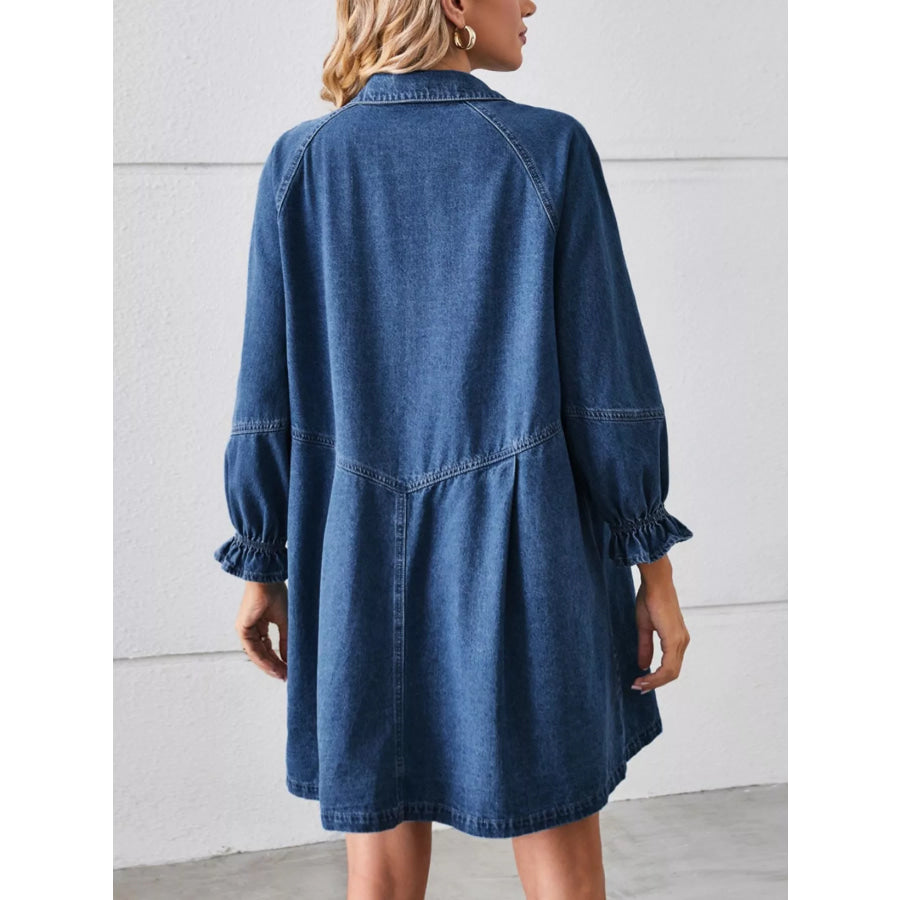 Button Down Ruffle Cuff Denim Dress Apparel and Accessories