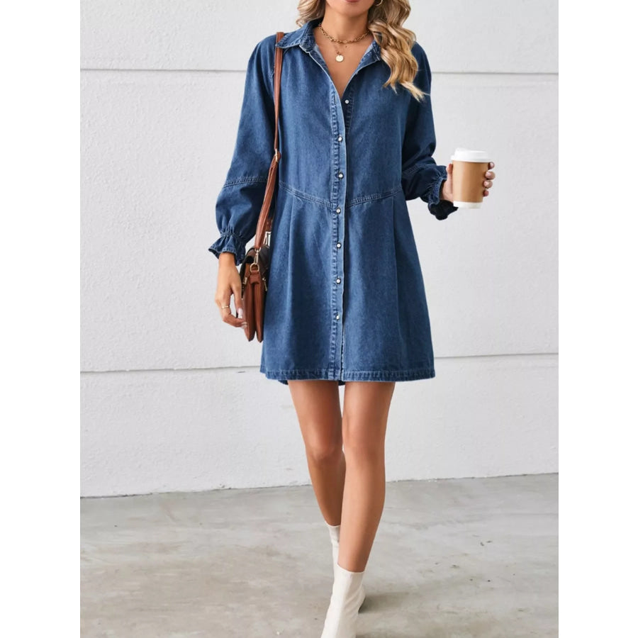 Button Down Ruffle Cuff Denim Dress Apparel and Accessories