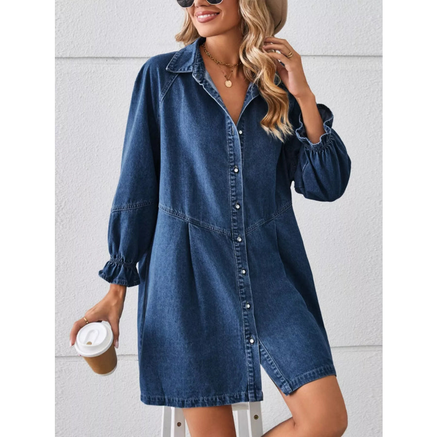 Button Down Ruffle Cuff Denim Dress Apparel and Accessories