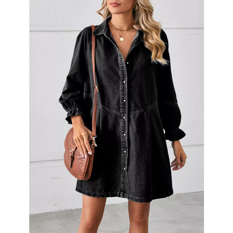 Button Down Ruffle Cuff Denim Dress Black / S Apparel and Accessories