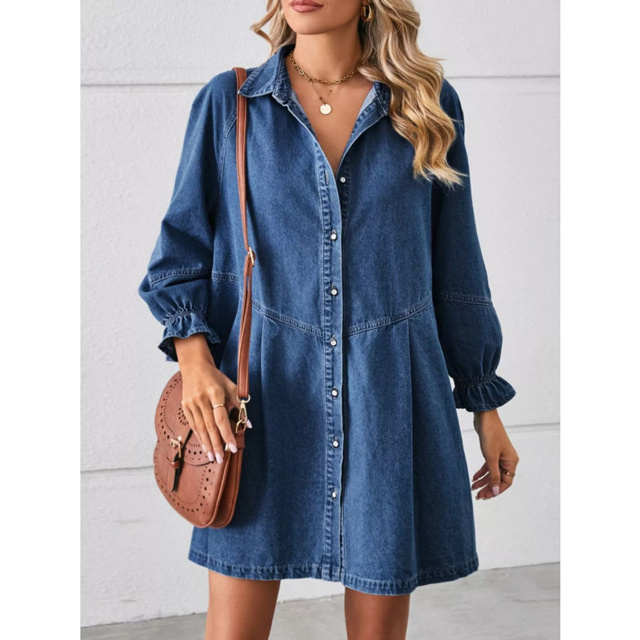 Button Down Ruffle Cuff Denim Dress Navy / S Apparel and Accessories