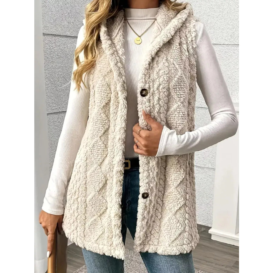 Button-Down Sherpa Hooded Vest Coat Beige / XS Apparel and Accessories