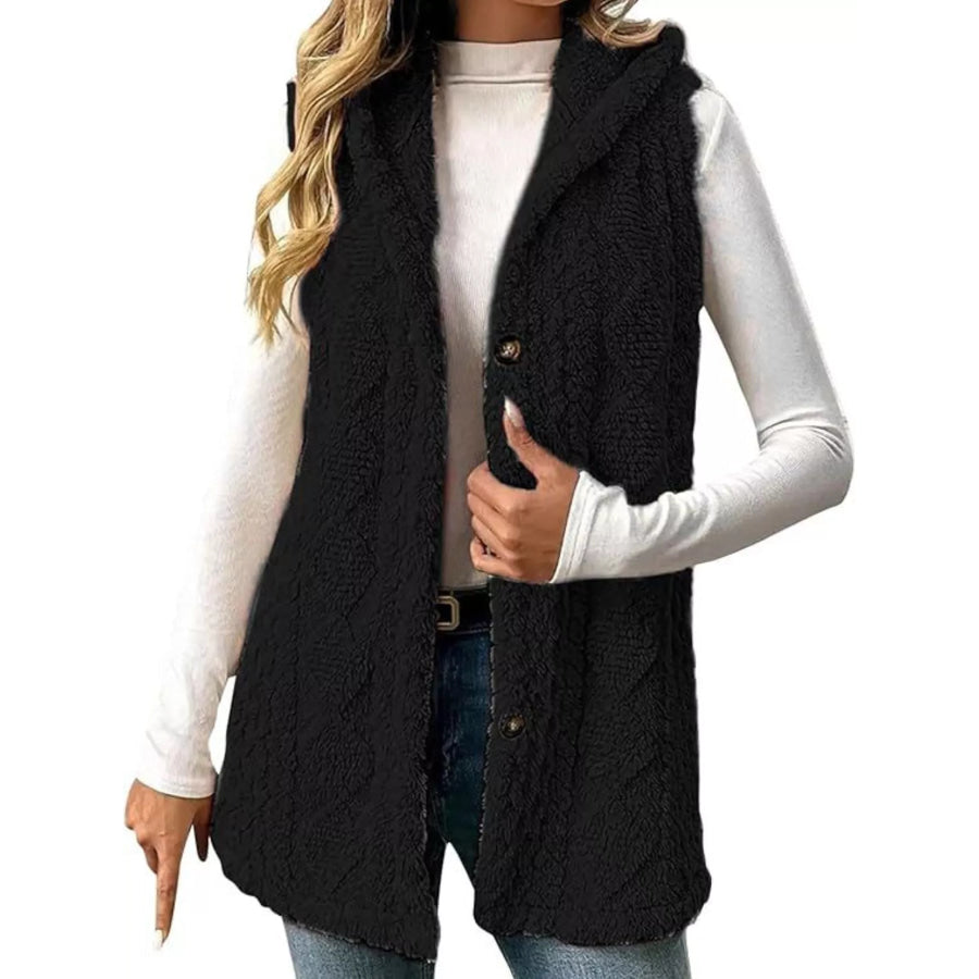 Button-Down Sherpa Hooded Vest Coat Black / XS Apparel and Accessories