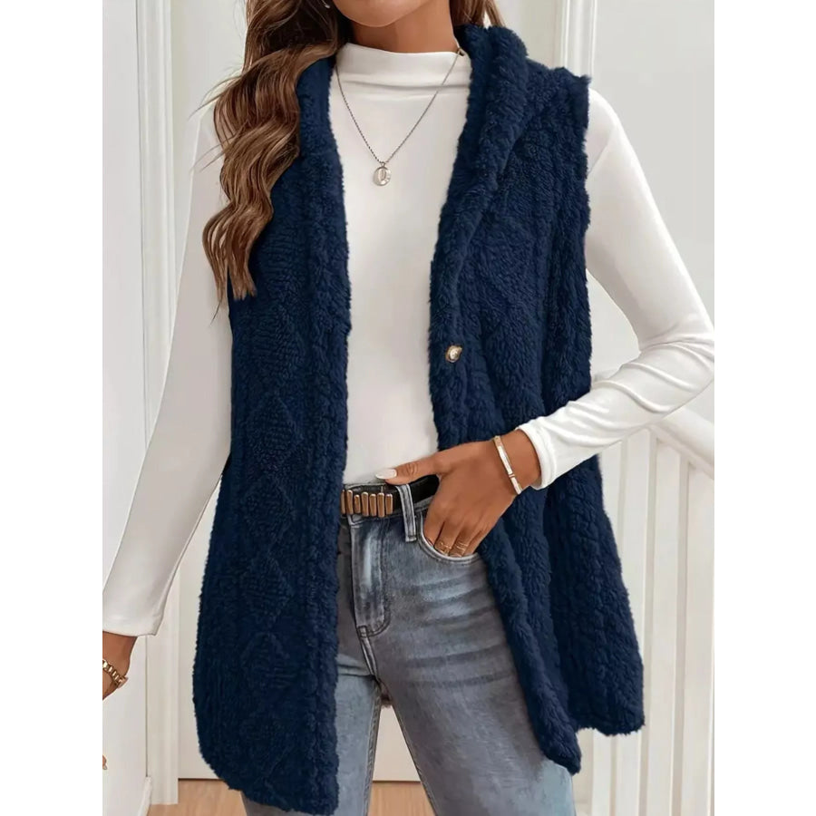 Button-Down Sherpa Hooded Vest Coat Dark Blue / XS Apparel and Accessories
