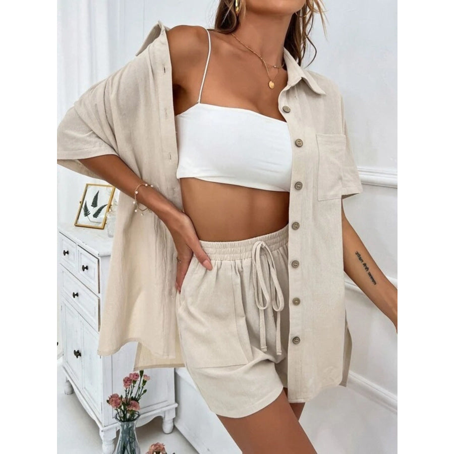 Button Down Shirt and Drawstring Shorts Set Apparel Accessories