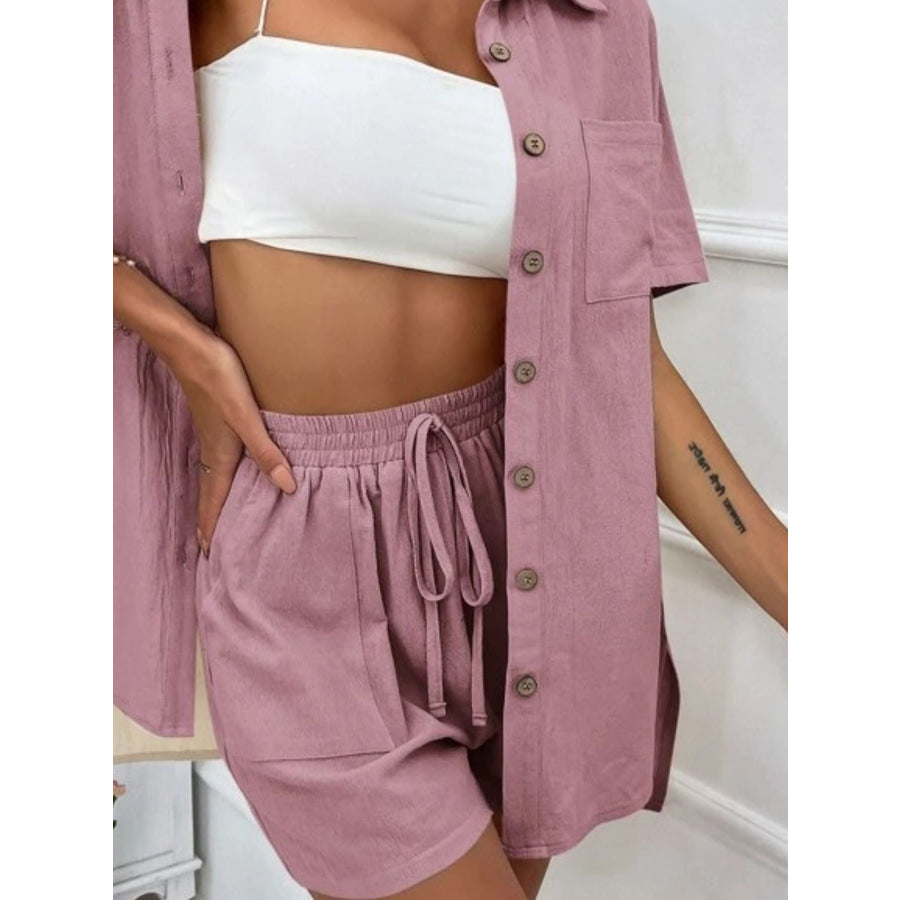 Button Down Shirt and Drawstring Shorts Set Apparel Accessories