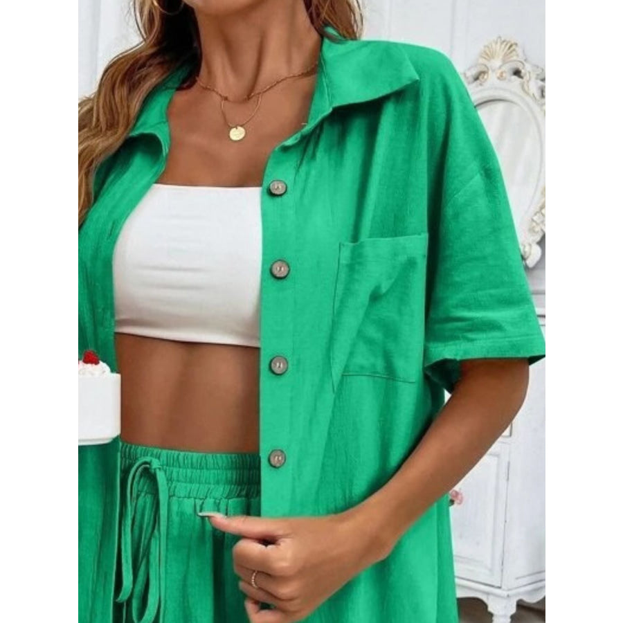 Button Down Shirt and Drawstring Shorts Set Apparel Accessories