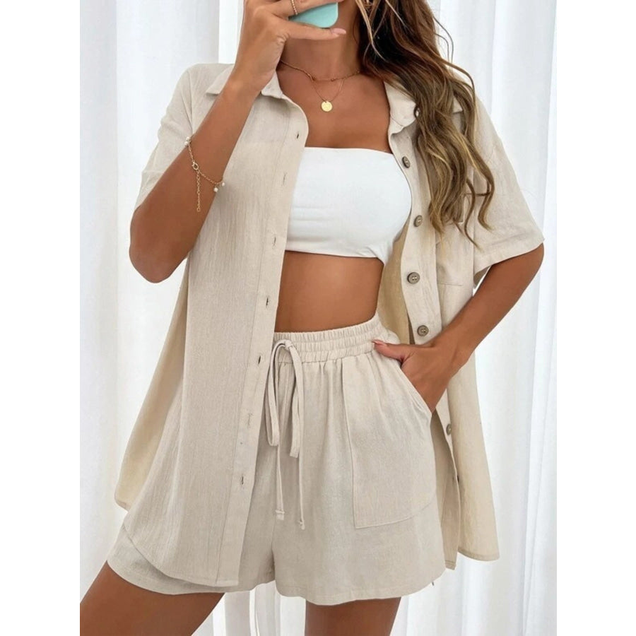 Button Down Shirt and Drawstring Shorts Set Apricot / S Apparel Accessories