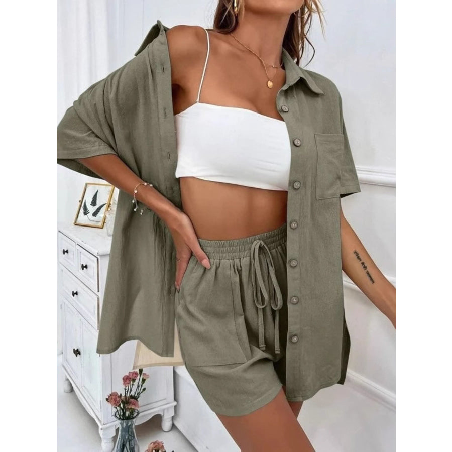 Button Down Shirt and Drawstring Shorts Set Army Green / S Apparel Accessories