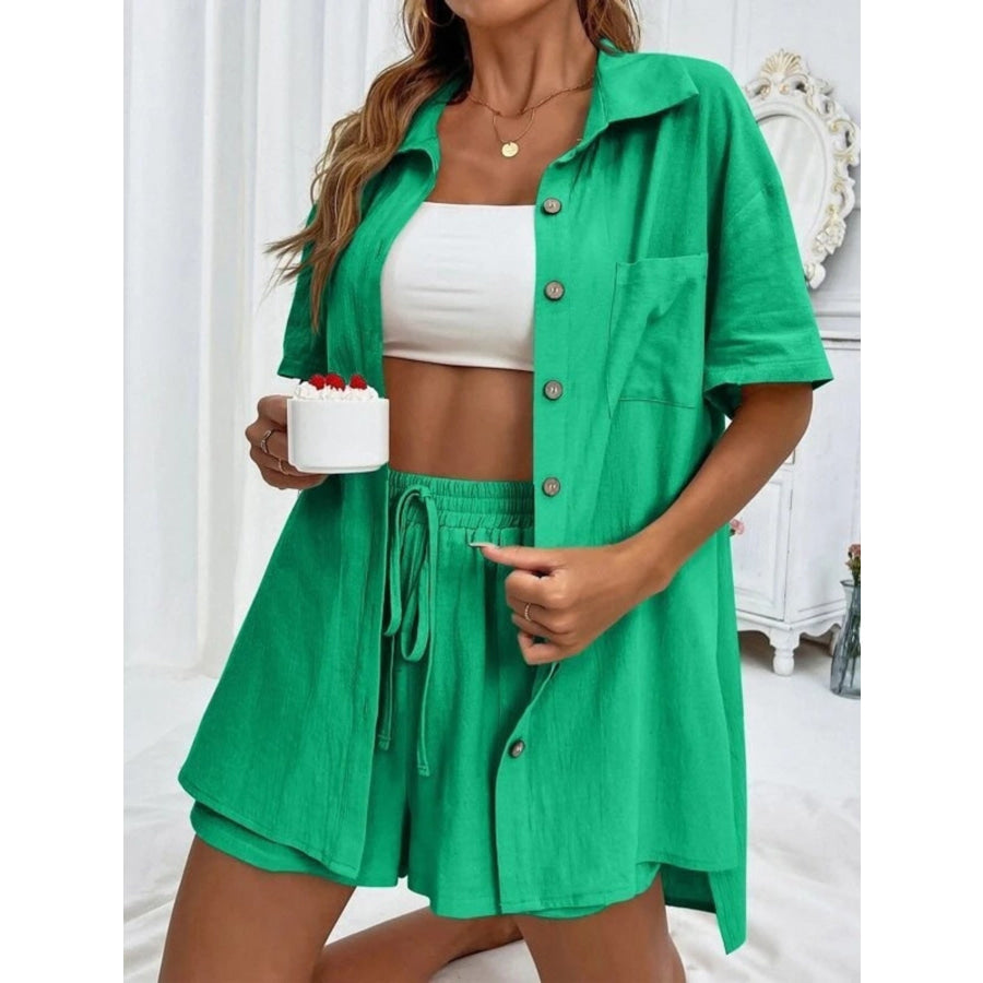 Button Down Shirt and Drawstring Shorts Set Green / S Apparel Accessories
