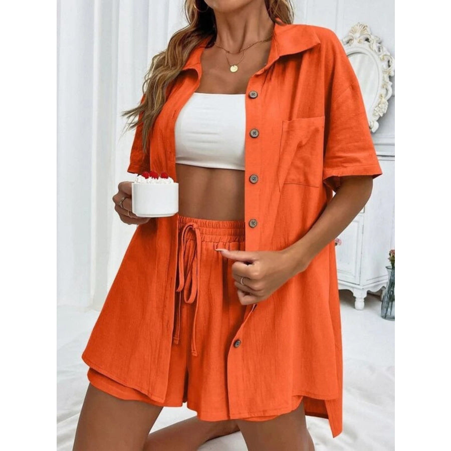 Button Down Shirt and Drawstring Shorts Set Orange / S Apparel Accessories