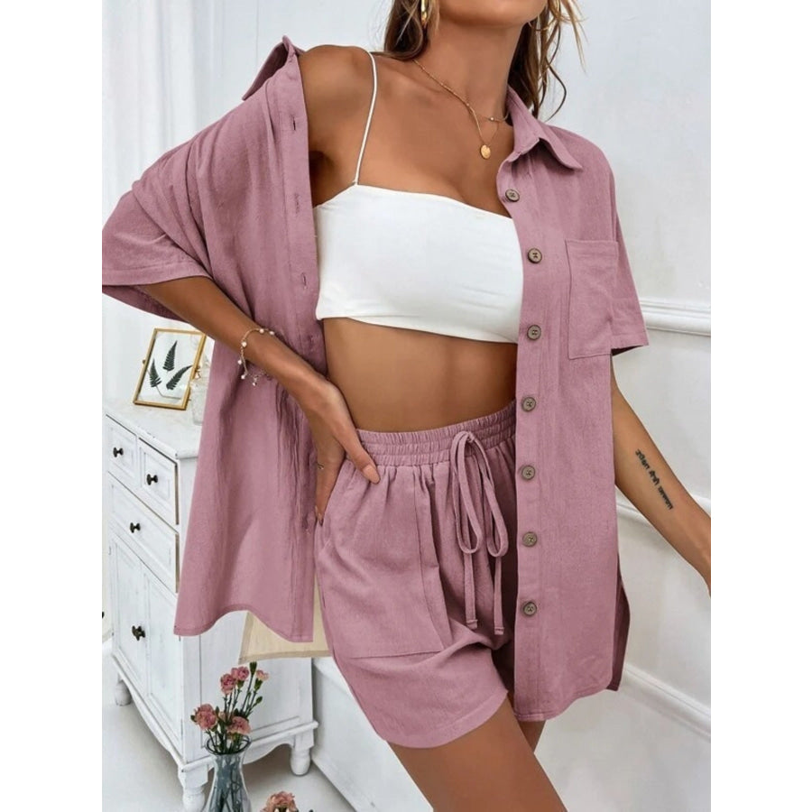 Button Down Shirt and Drawstring Shorts Set Pink / S Apparel Accessories