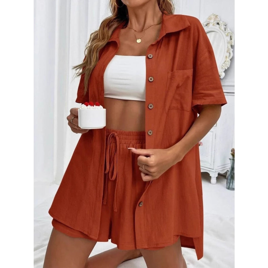 Button Down Shirt and Drawstring Shorts Set Terracotta / S Apparel Accessories
