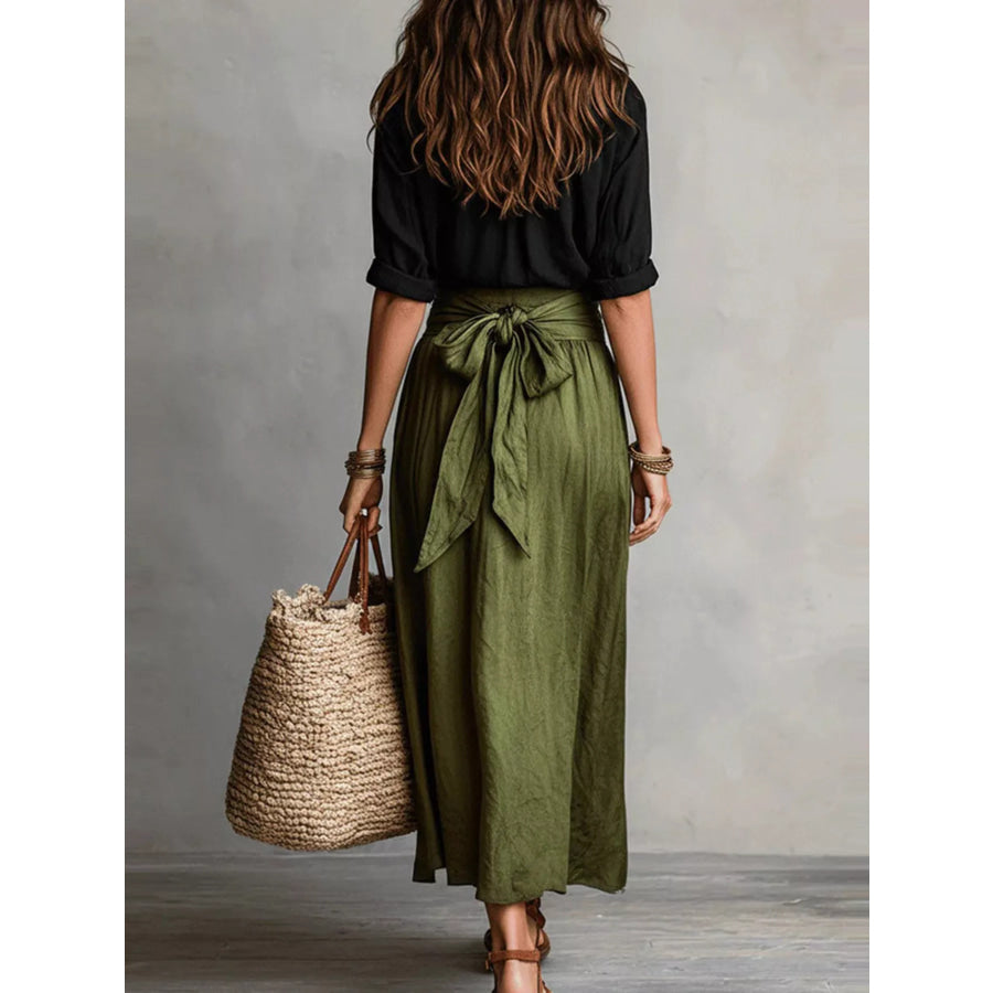 Button-Down Shirt and High-Waisted Tie-Front Maxi Skirt Set Apparel and Accessories