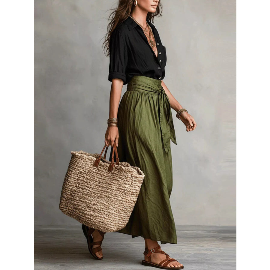 Button-Down Shirt and High-Waisted Tie-Front Maxi Skirt Set Apparel and Accessories