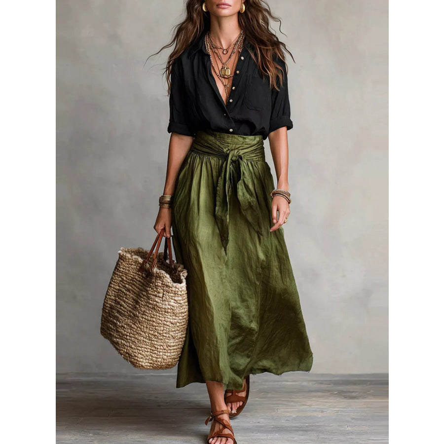 Button-Down Shirt and High-Waisted Tie-Front Maxi Skirt Set Matcha Green / S Apparel and Accessories