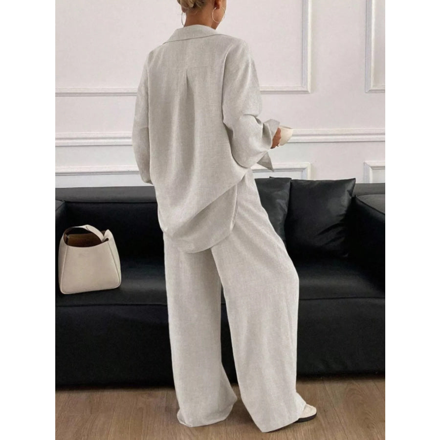 Button-Down Shirt and Wide-Leg Pants Set Apparel and Accessories