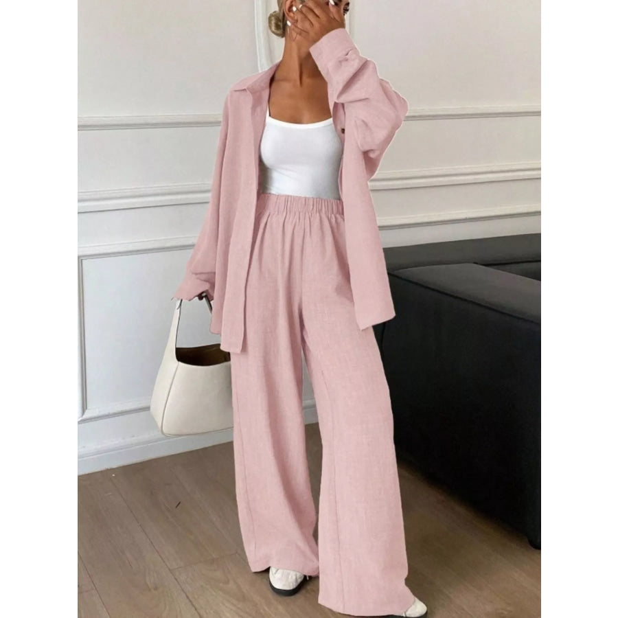 Button-Down Shirt and Wide-Leg Pants Set Apparel and Accessories