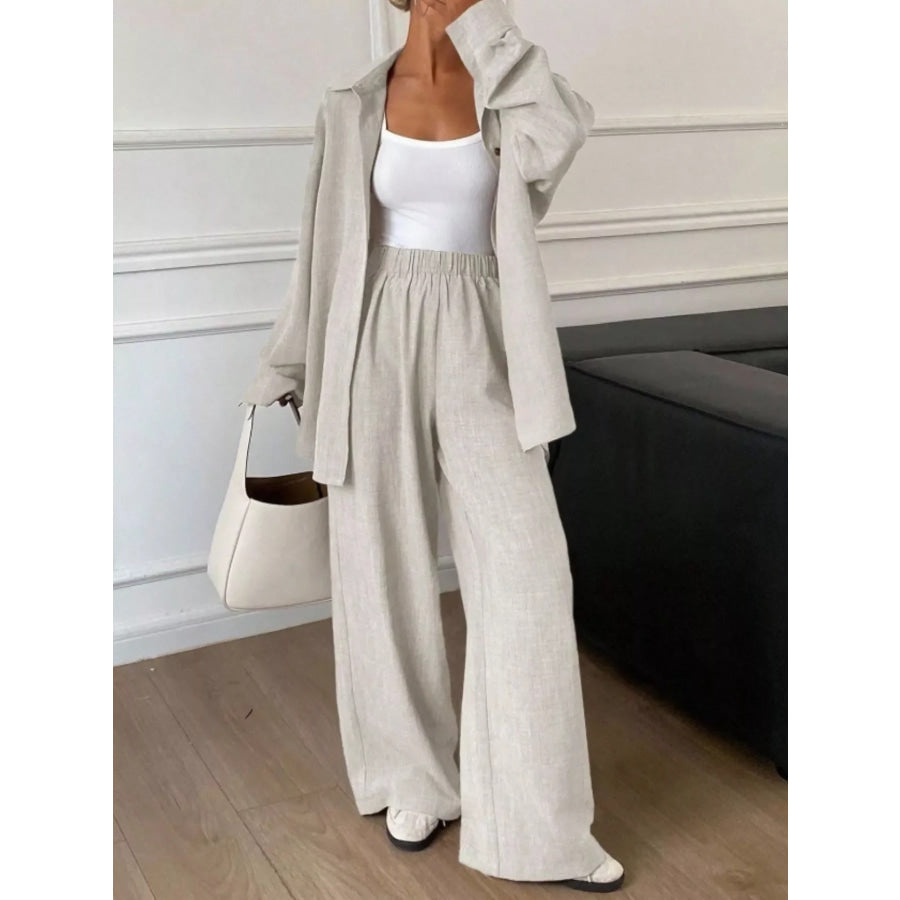 Button-Down Shirt and Wide-Leg Pants Set Apparel and Accessories