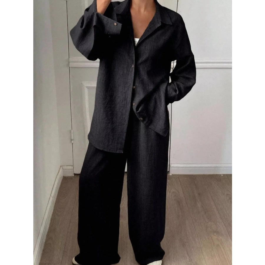 Button-Down Shirt and Wide-Leg Pants Set Apparel and Accessories