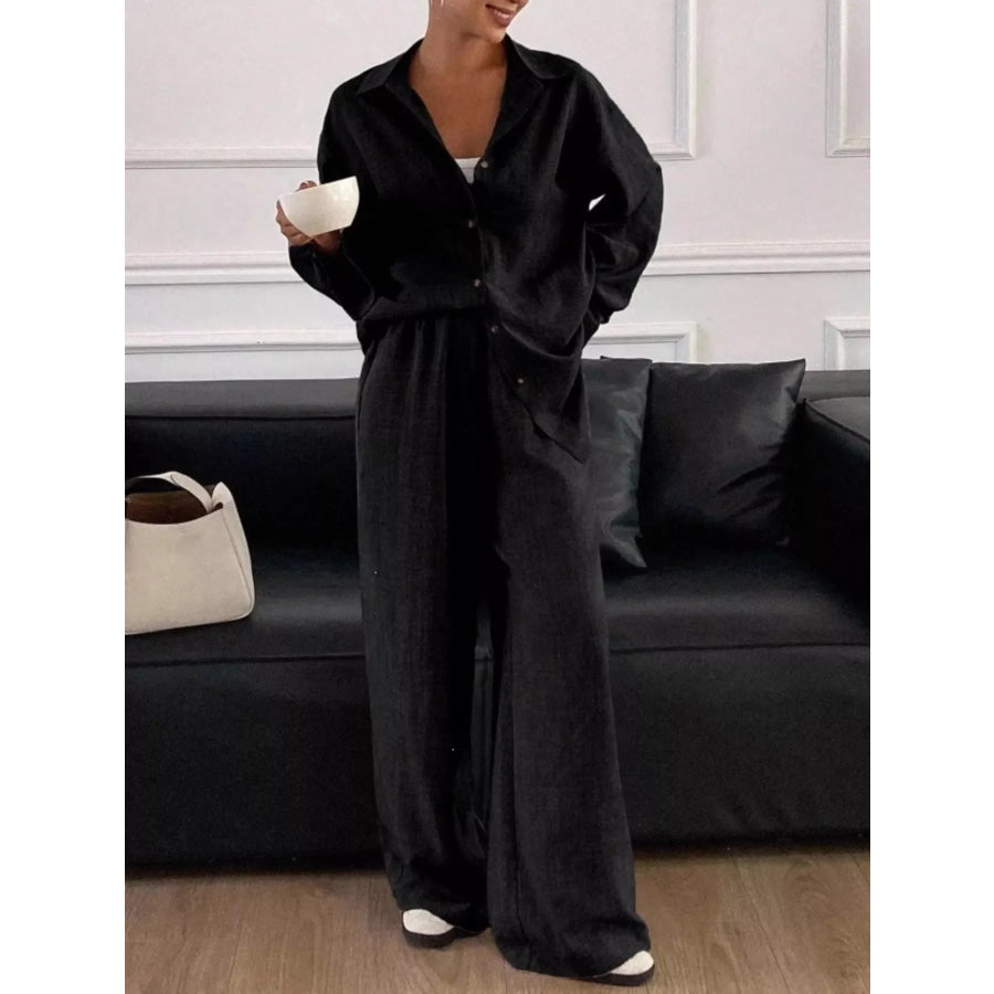 Button-Down Shirt and Wide-Leg Pants Set Apparel and Accessories