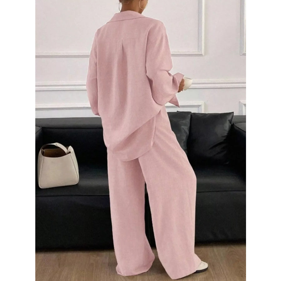 Button-Down Shirt and Wide-Leg Pants Set Apparel and Accessories