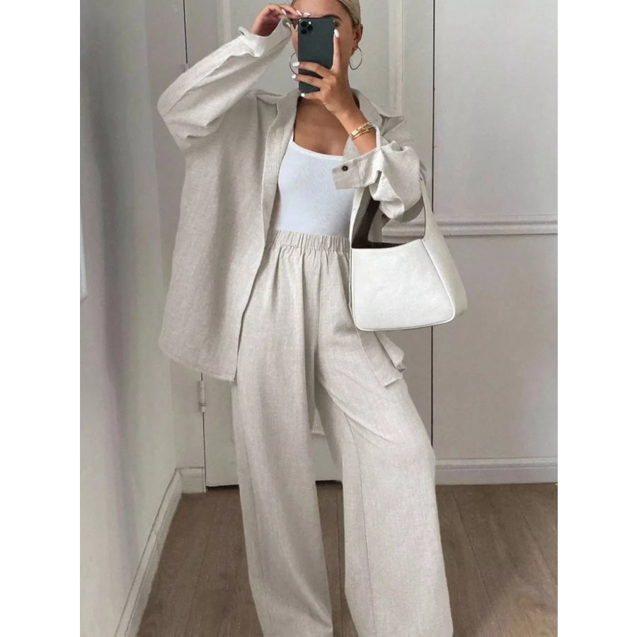 Button-Down Shirt and Wide-Leg Pants Set Apparel and Accessories