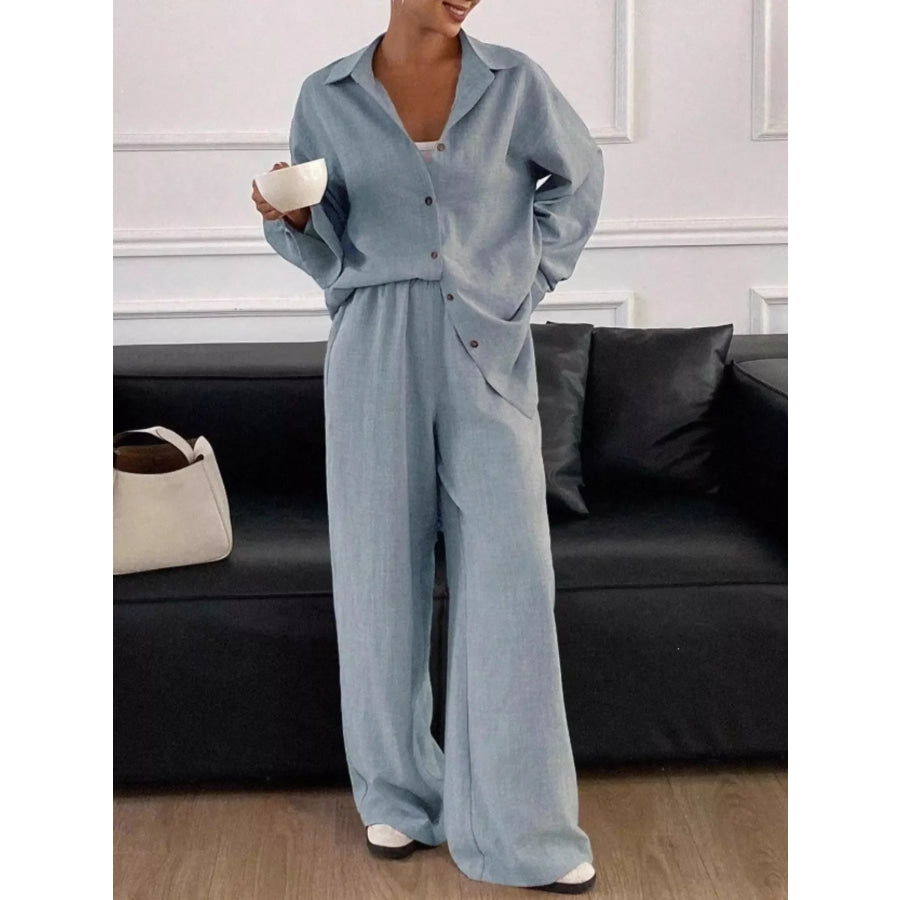 Button-Down Shirt and Wide-Leg Pants Set Apparel and Accessories