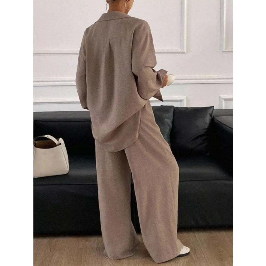 Button-Down Shirt and Wide-Leg Pants Set Apparel and Accessories