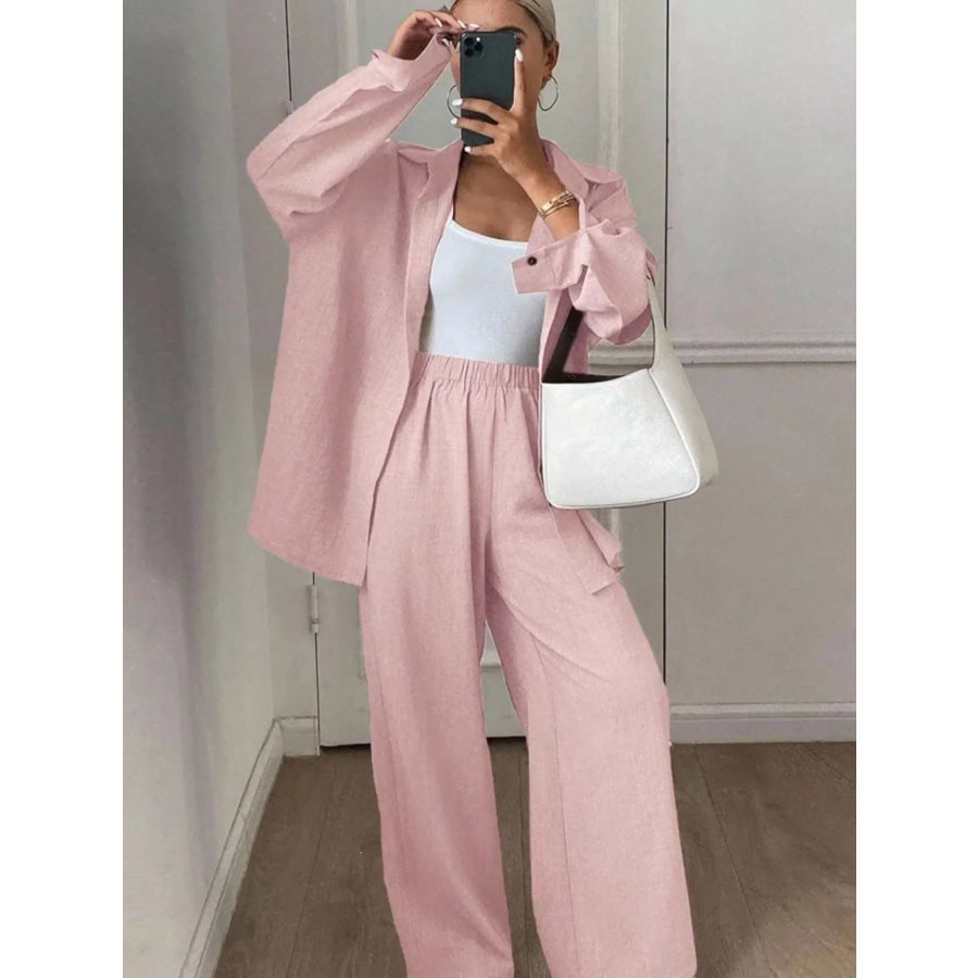 Button-Down Shirt and Wide-Leg Pants Set Apparel and Accessories
