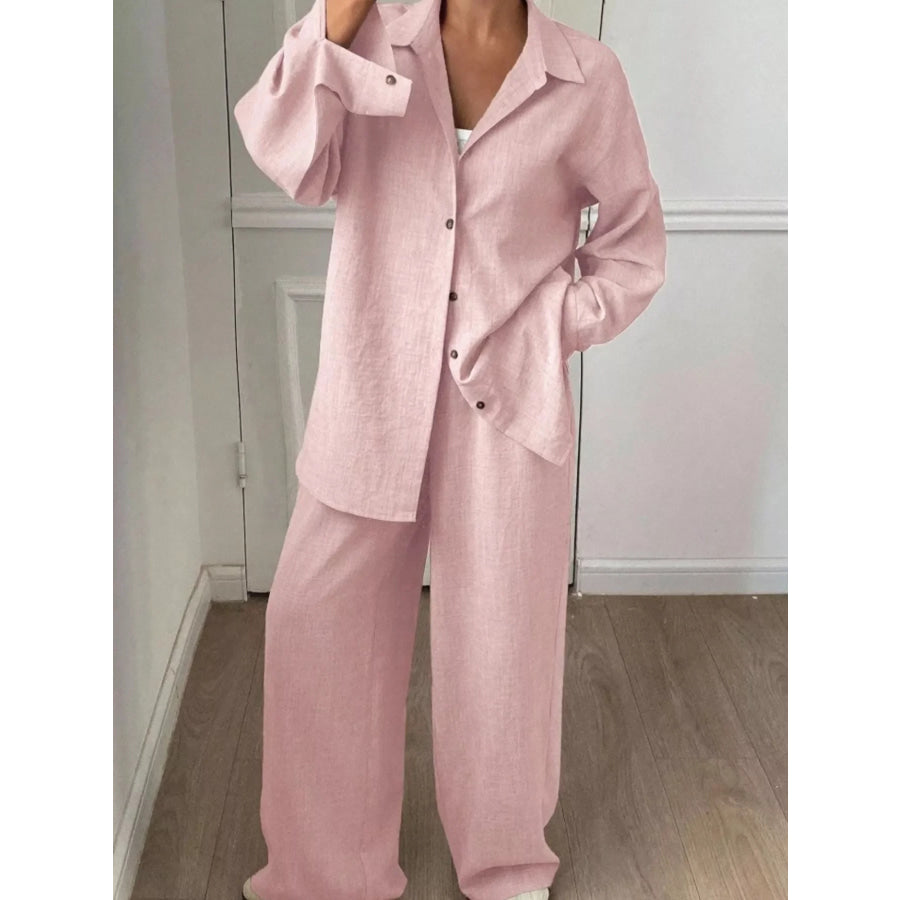 Button-Down Shirt and Wide-Leg Pants Set Apparel and Accessories