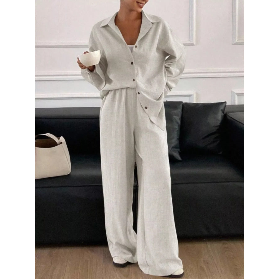 Button-Down Shirt and Wide-Leg Pants Set Apparel and Accessories