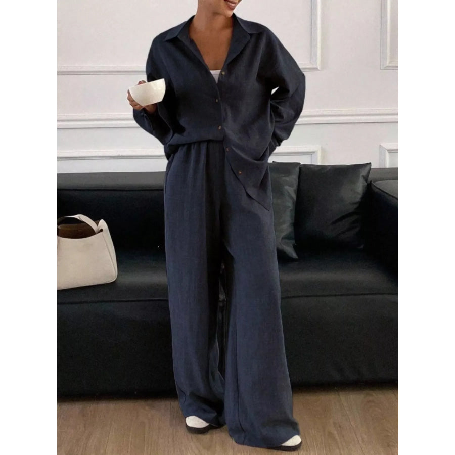 Button-Down Shirt and Wide-Leg Pants Set Apparel and Accessories