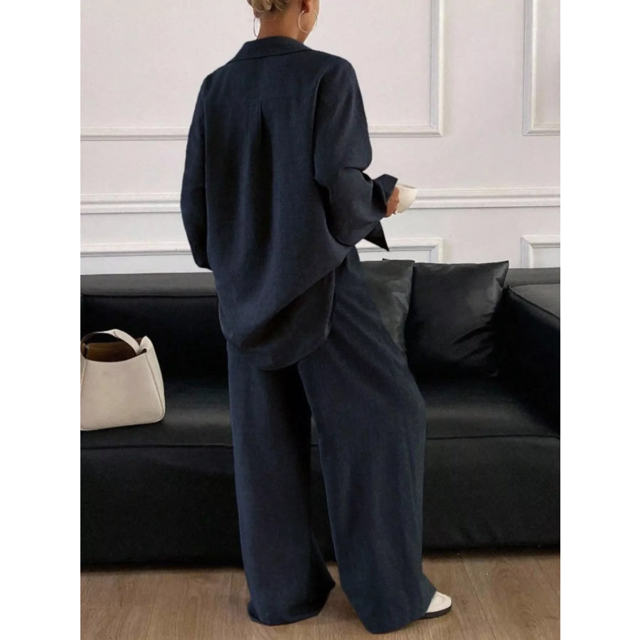 Button-Down Shirt and Wide-Leg Pants Set Apparel and Accessories